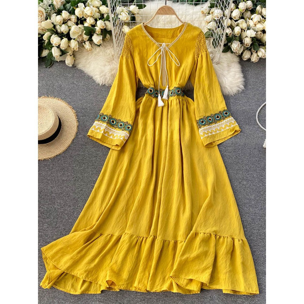 Women Ethnic Vestidos Lace Flared Sleeves Temperament Midi Dress