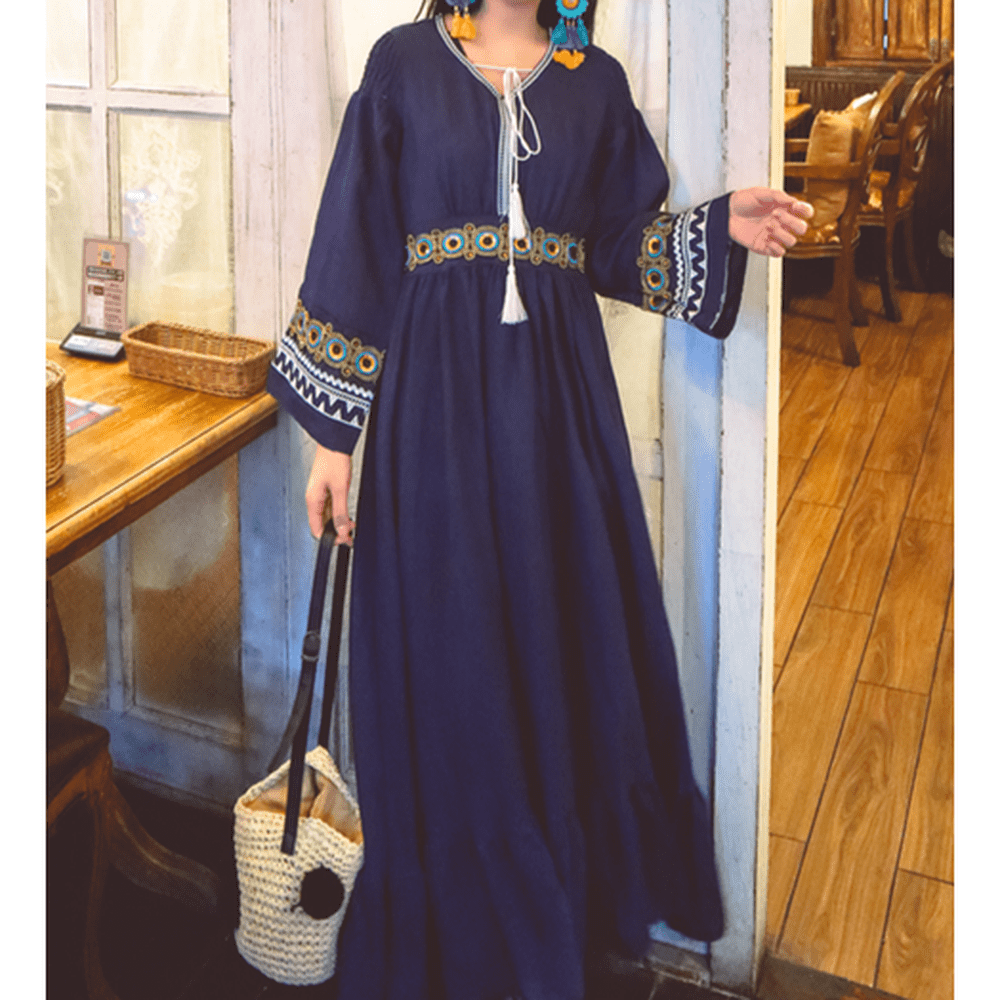 Women Ethnic Vestidos Lace Flared Sleeves Temperament Midi Dress