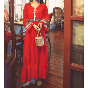 Women Ethnic Vestidos Lace Flared Sleeves Temperament Midi Dress