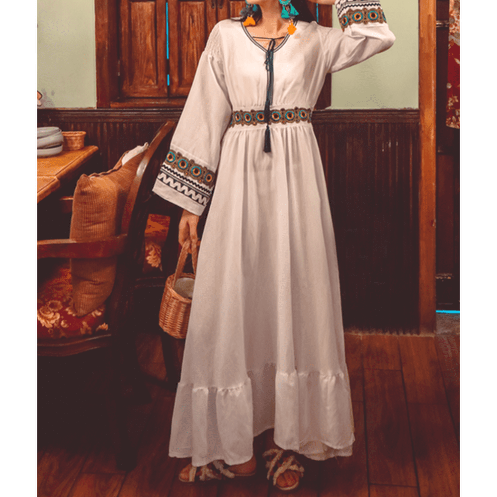 Women Ethnic Vestidos Lace Flared Sleeves Temperament Midi Dress