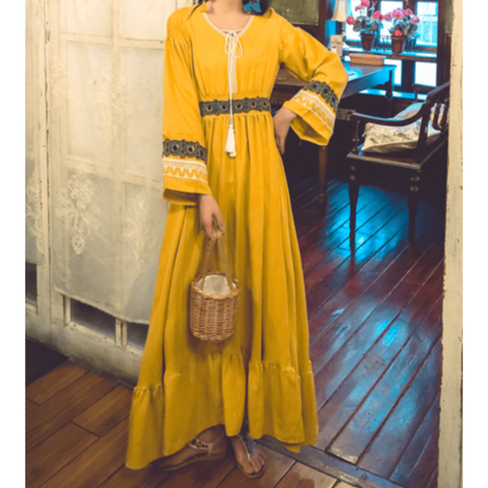 Women Ethnic Vestidos Lace Flared Sleeves Temperament Midi Dress
