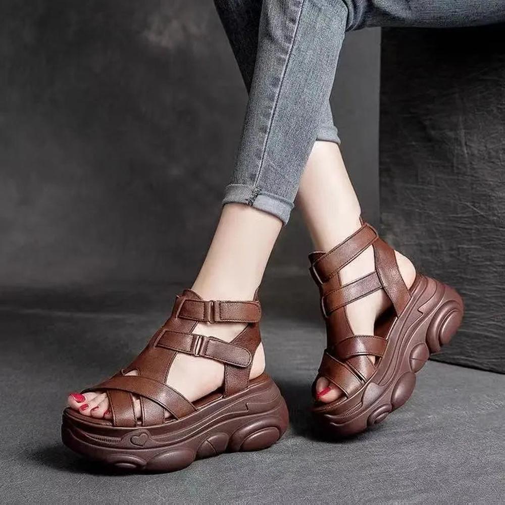 Women Mid Heels Wedges Shoes Vintage PU Leather Sandals