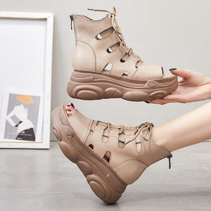 Women Genuine Leather Zip Retro Handmade Hollow-out Lace-up Casual Platform Sandals