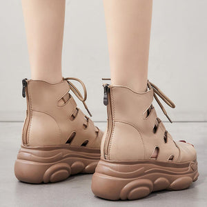 Women Genuine Leather Zip Retro Handmade Hollow-out Lace-up Casual Platform Sandals