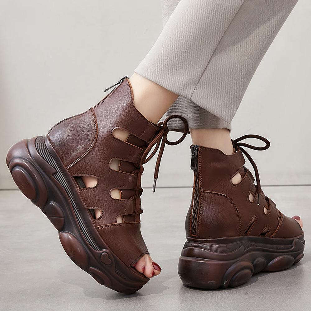 Women Genuine Leather Zip Retro Handmade Hollow-out Lace-up Casual Platform Sandals
