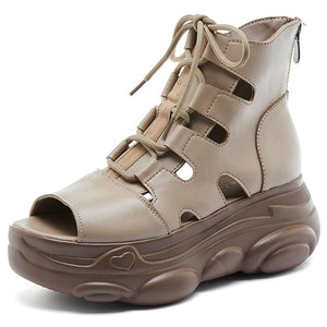 Women Genuine Leather Zip Retro Handmade Hollow-out Lace-up Casual Platform Sandals