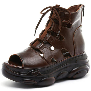 Women Genuine Leather Zip Retro Handmade Hollow-out Lace-up Casual Platform Sandals
