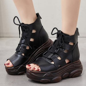Women Genuine Leather Zip Retro Handmade Hollow-out Lace-up Casual Platform Sandals