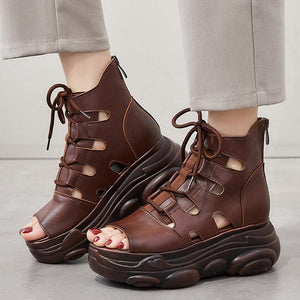 Women Genuine Leather Zip Retro Handmade Hollow-out Lace-up Casual Platform Sandals