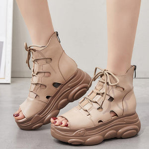 Women Genuine Leather Zip Retro Handmade Hollow-out Lace-up Casual Platform Sandals