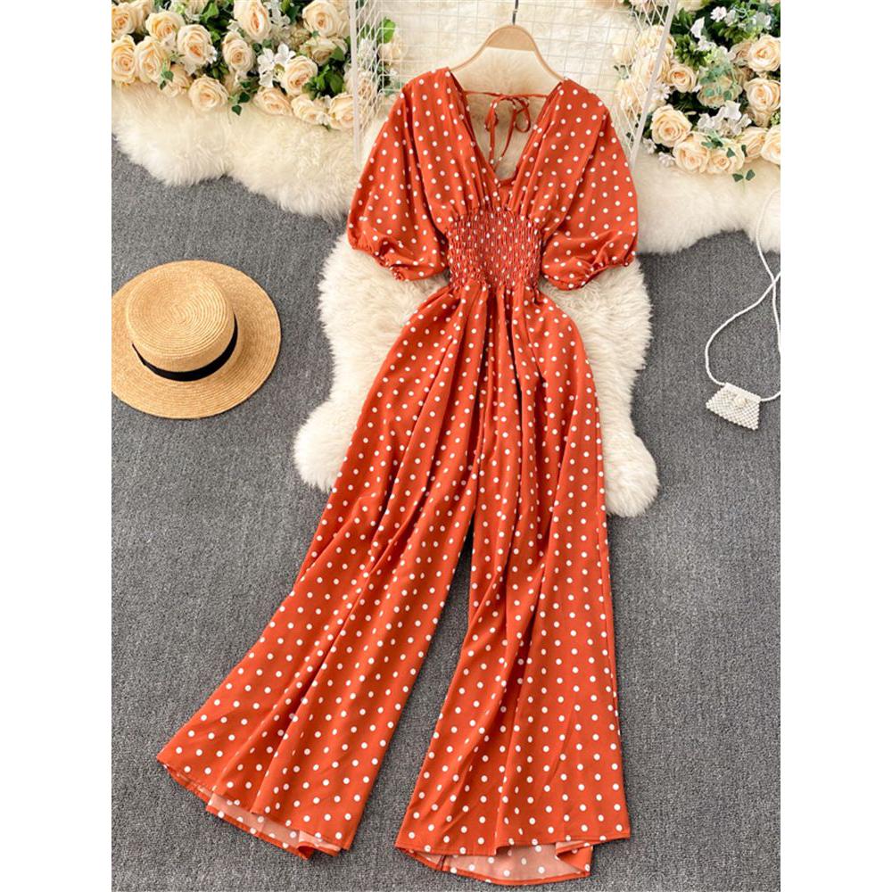 Women Polka Dot Romper Elegant V-Neck Jumpsuit