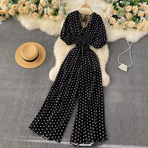 Women Polka Dot Romper Elegant V-Neck Jumpsuit