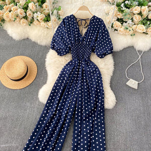 Women Polka Dot Romper Elegant V-Neck Jumpsuit