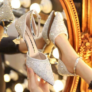 Women Bling Shiny Pumps Ankle Strap Crystal High Heels Shoes