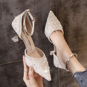 Women Bling Shiny Pumps Ankle Strap Crystal High Heels Shoes