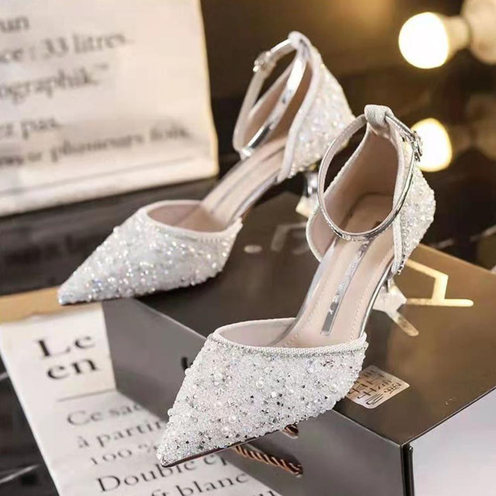 Women Bling Shiny Pumps Ankle Strap Crystal High Heels Shoes