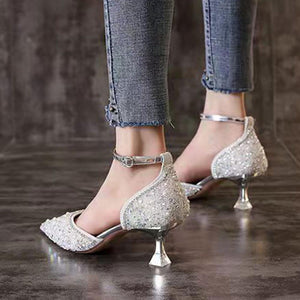 Women Bling Shiny Pumps Ankle Strap Crystal High Heels Shoes