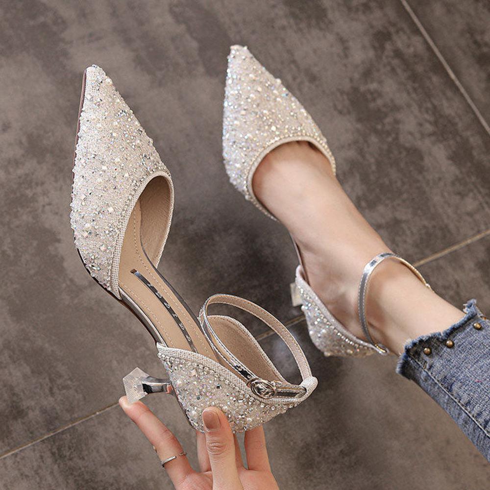 Women Bling Shiny Pumps Ankle Strap Crystal High Heels Shoes