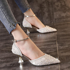 Women Bling Shiny Pumps Ankle Strap Crystal High Heels Shoes