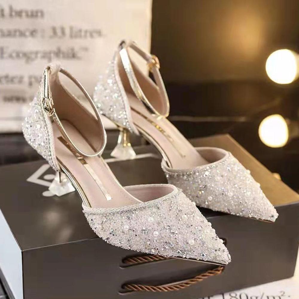 Women Bling Shiny Pumps Ankle Strap Crystal High Heels Shoes