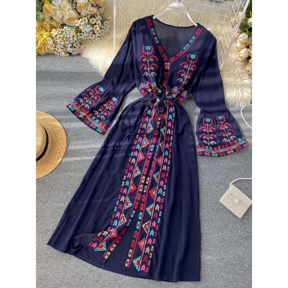 Women Embroidery Drawstring Trumpet Sleeves Ethnic Style Waist Long Dress