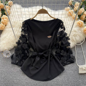 Women Mesh Sleeves Waist Thin Chiffon Blouse