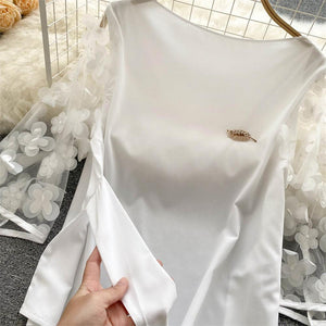 Women Mesh Sleeves Waist Thin Chiffon Blouse
