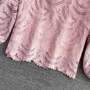 Women Retro Temperament Blouse Stand-up Collar Lantern Sleeve Lace Blouse