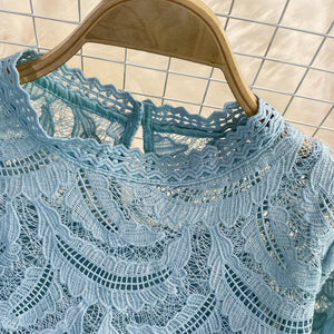 Women Retro Temperament Blouse Stand-up Collar Lantern Sleeve Lace Blouse
