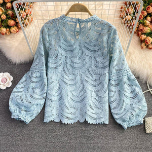 Women Retro Temperament Blouse Stand-up Collar Lantern Sleeve Lace Blouse