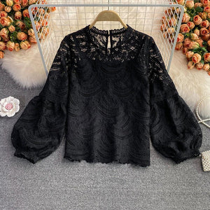 Women Retro Temperament Blouse Stand-up Collar Lantern Sleeve Lace Blouse