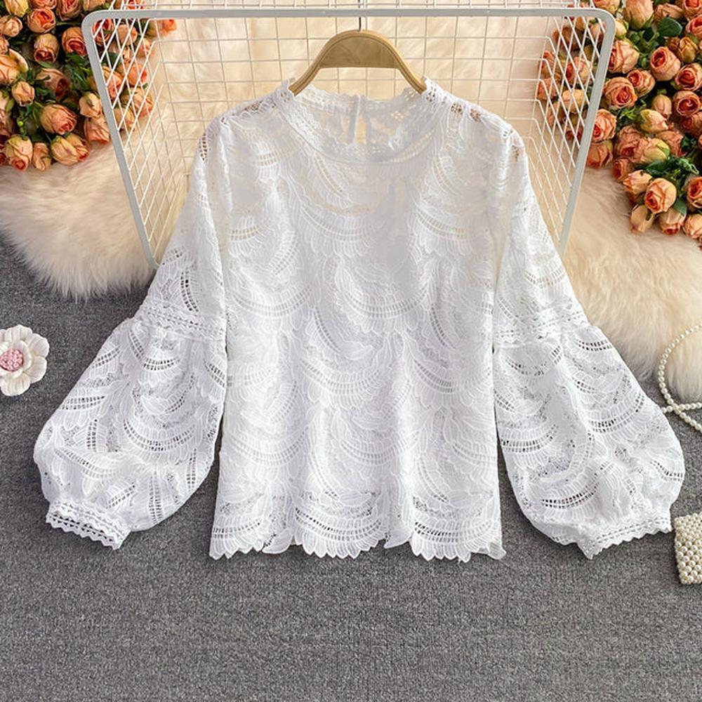 Women Retro Temperament Blouse Stand-up Collar Lantern Sleeve Lace Blouse
