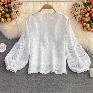 Women Retro Temperament Blouse Stand-up Collar Lantern Sleeve Lace Blouse