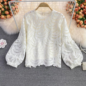 Women Retro Temperament Blouse Stand-up Collar Lantern Sleeve Lace Blouse