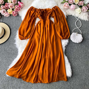 Women's Slash Neck Long Sleeve Midi Dress