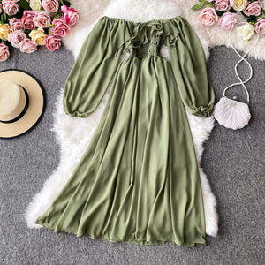 Women's Slash Neck Long Sleeve Midi Dress