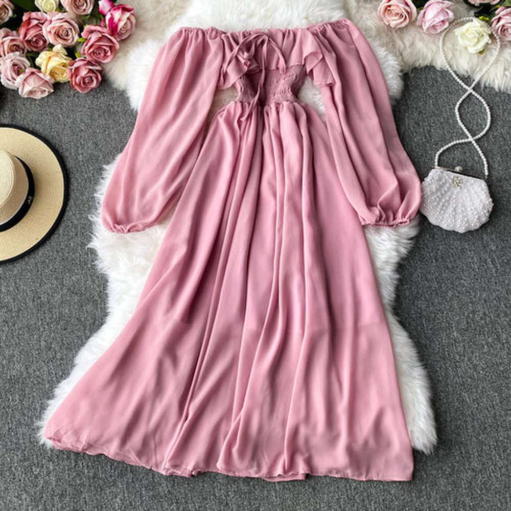 Women's Slash Neck Long Sleeve Midi Dress