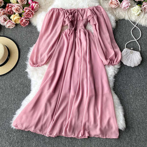 Women's Slash Neck Long Sleeve Midi Dress