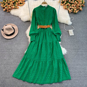 Women Runway Embroidery Hollow Out Single Breasted Dress