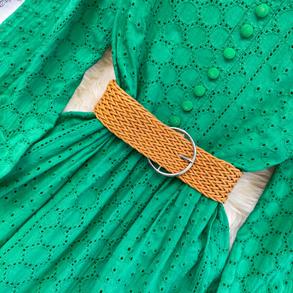 Women Runway Embroidery Hollow Out Single Breasted Dress