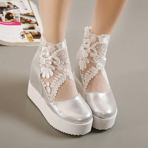 Women Vintage Embroider Lace Roman Wedge Boots