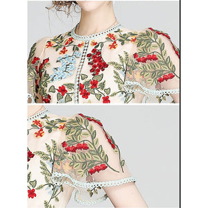 Women Runway Flare Sleeve Floral Embroidery Elegant Mesh Hollow Out Midi Dress