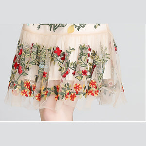 Women Runway Flare Sleeve Floral Embroidery Elegant Mesh Hollow Out Midi Dress