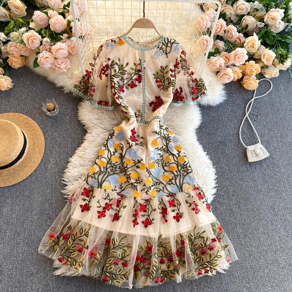 Women Runway Flare Sleeve Floral Embroidery Elegant Mesh Hollow Out Midi Dress