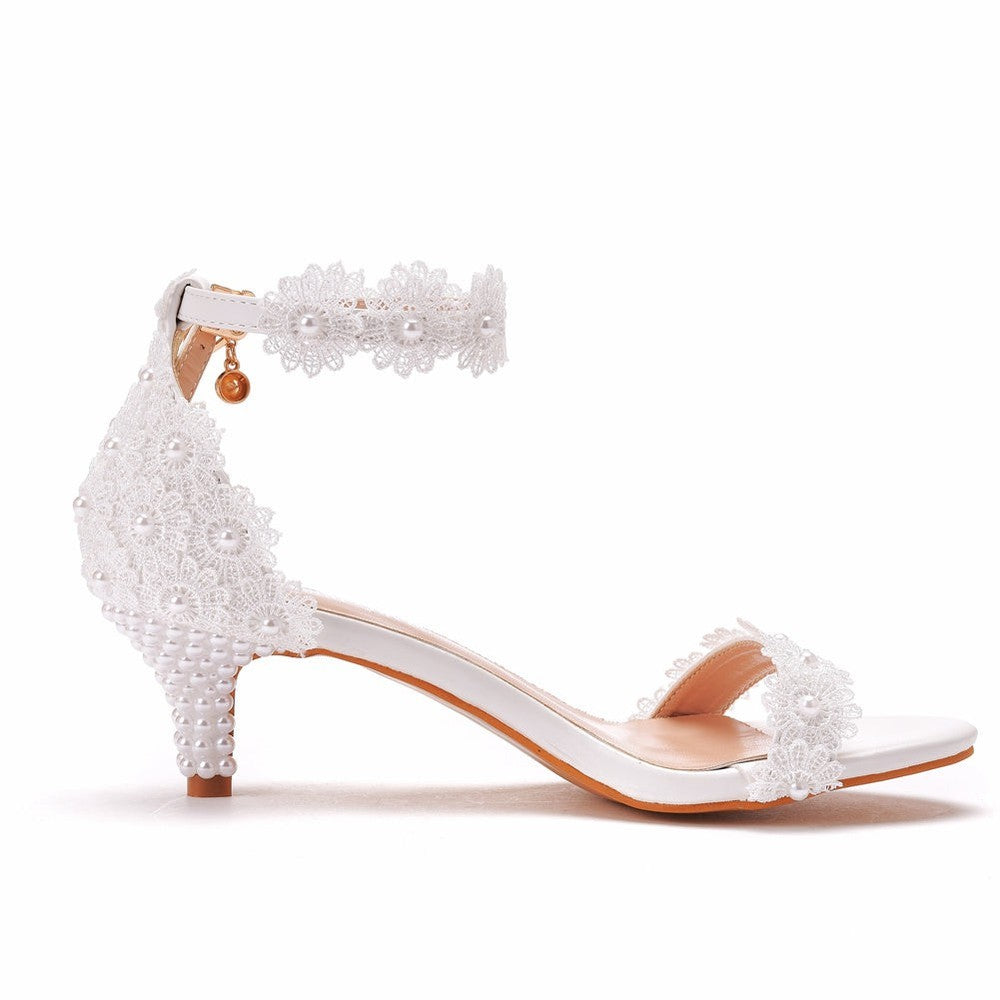 Women White Pearl Lace Wedding Sandal Shoes