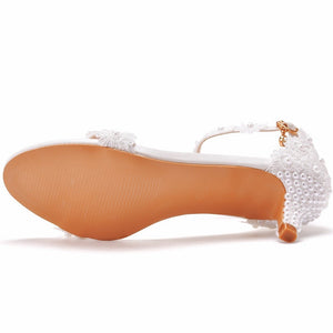 Women White Pearl Lace Wedding Sandal Shoes