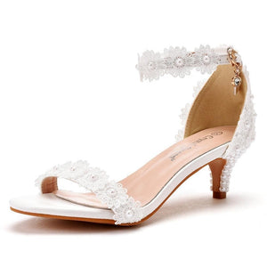 Women White Pearl Lace Wedding Sandal Shoes