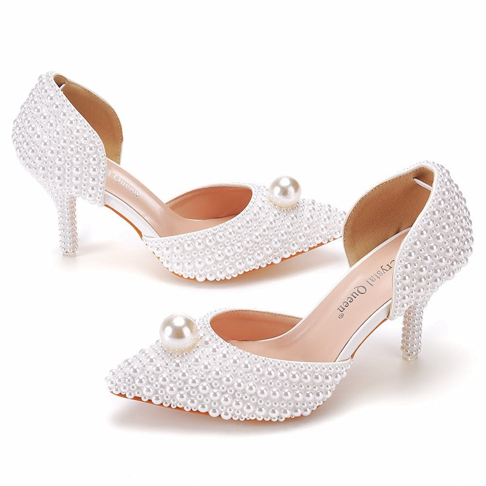 Women White Pearl Handmade Shoes Bride High Heels Sandals