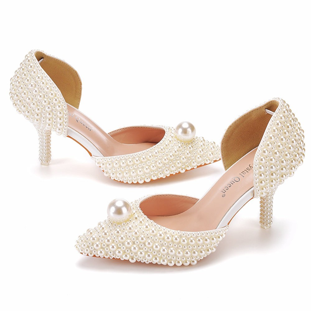 Women White Pearl Handmade Shoes Bride High Heels Sandals