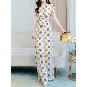 Women Vintage Polka Dot Short Sleeve Overalls Jumpsuit